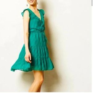 Anthropologie HD in Paris tiered Swiss clipped dot dress in green size 4